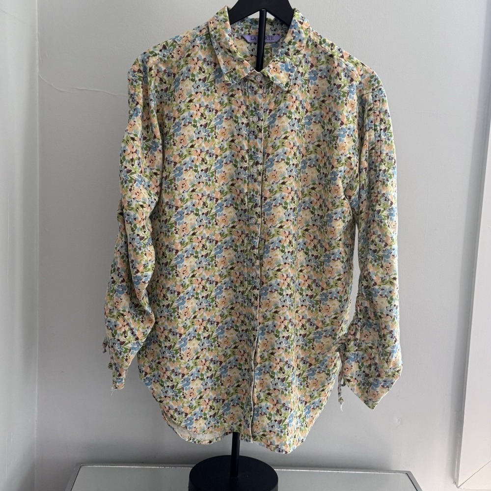 LA PORTE Linen Blend‎ Floral Shirt Women S Cottagecore Lightweight Oversized
